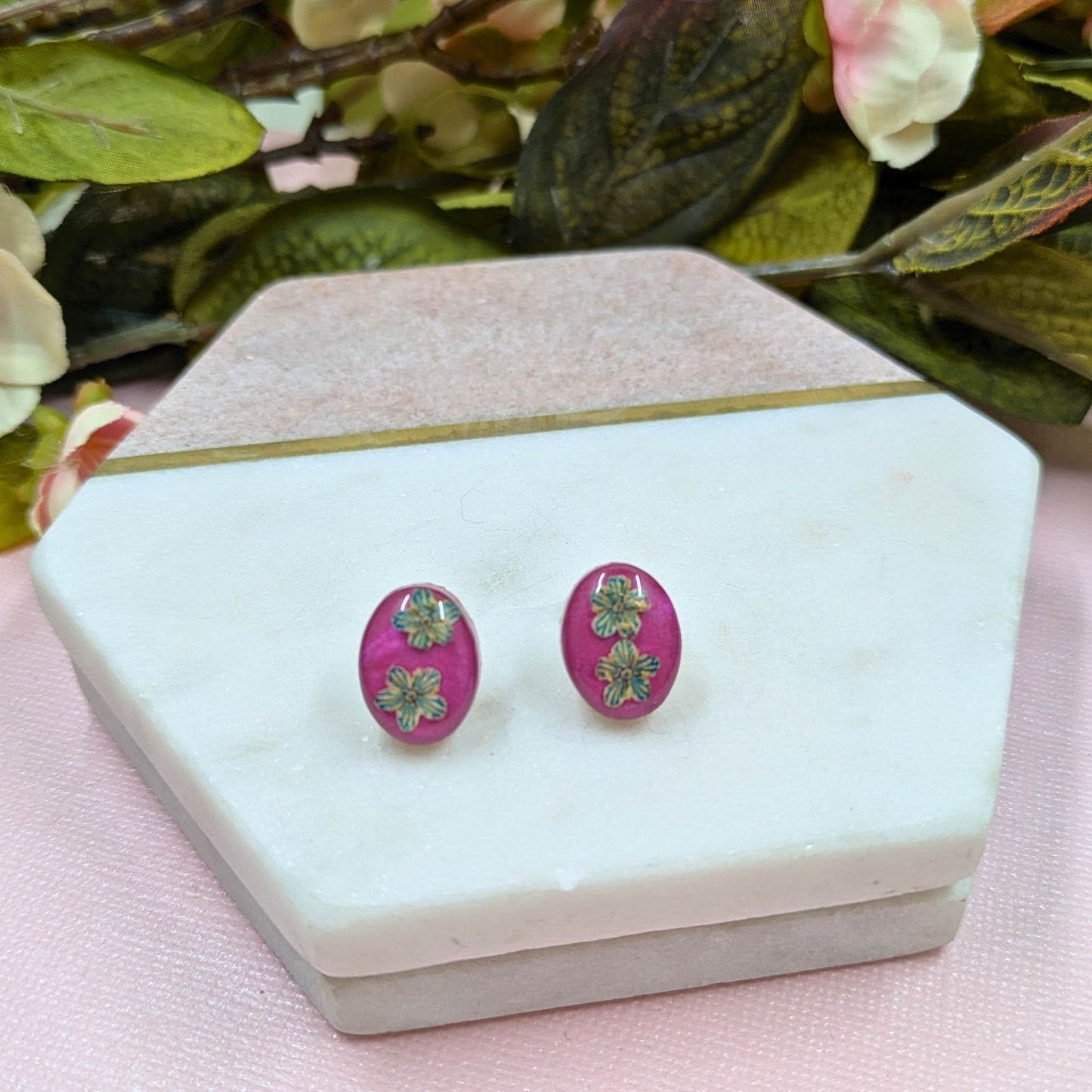 "Georgina" Real Blue Stripe Flower Oval Stud Earrings