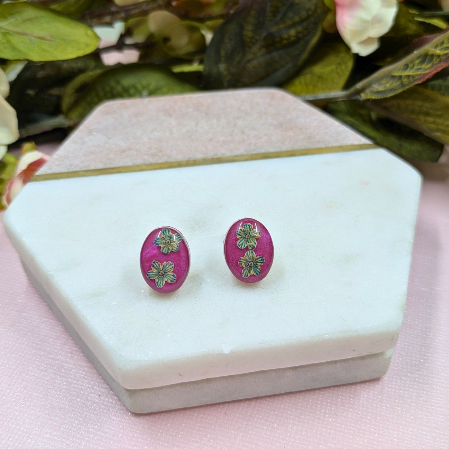 "Georgina" Real Blue Stripe Flower Oval Stud Earrings