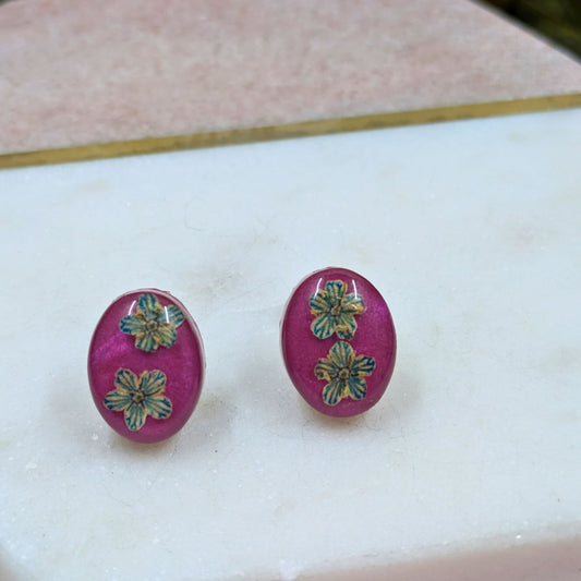 "Georgina" Real Blue Stripe Flower Oval Stud Earrings