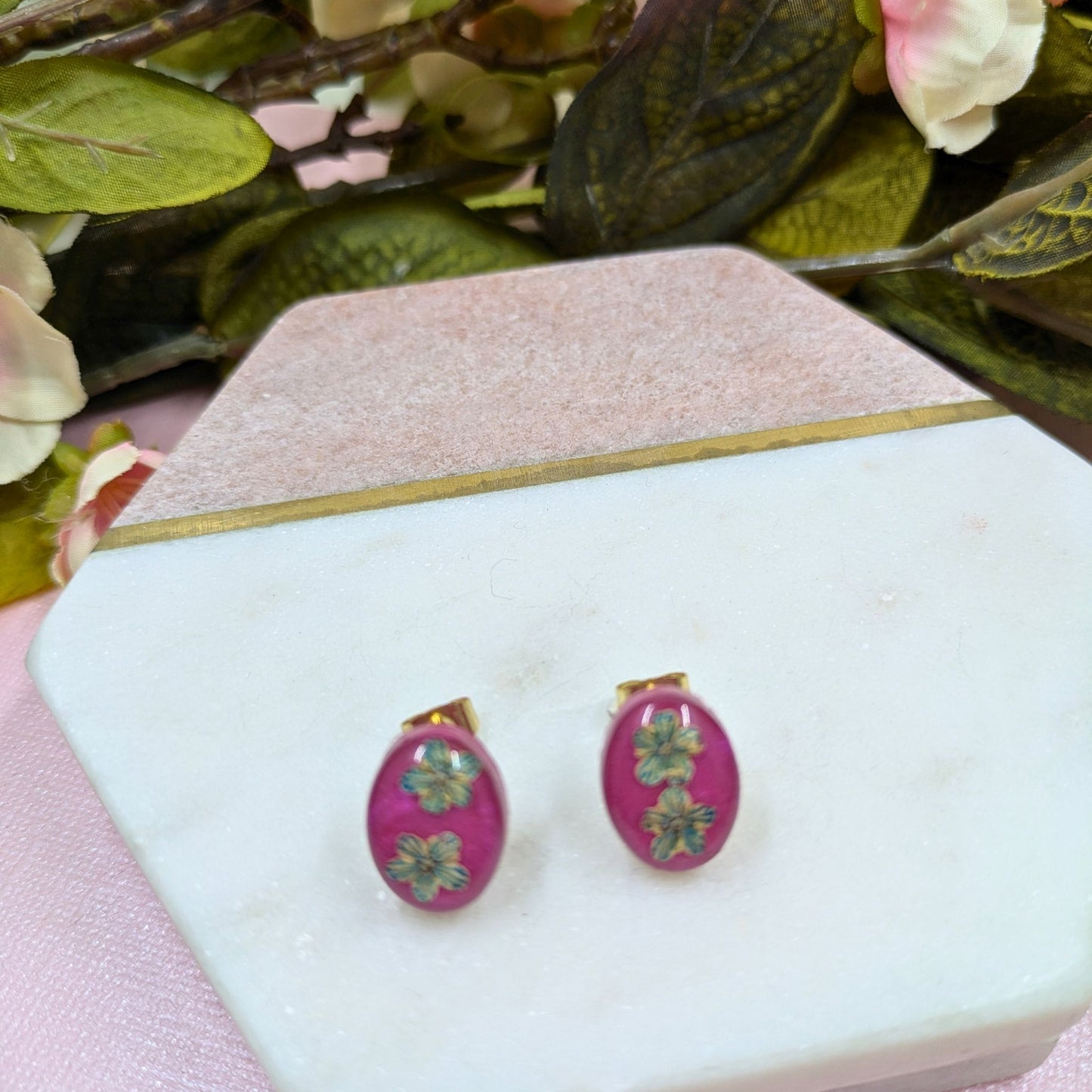 "Georgina" Real Blue Stripe Flower Oval Stud Earrings