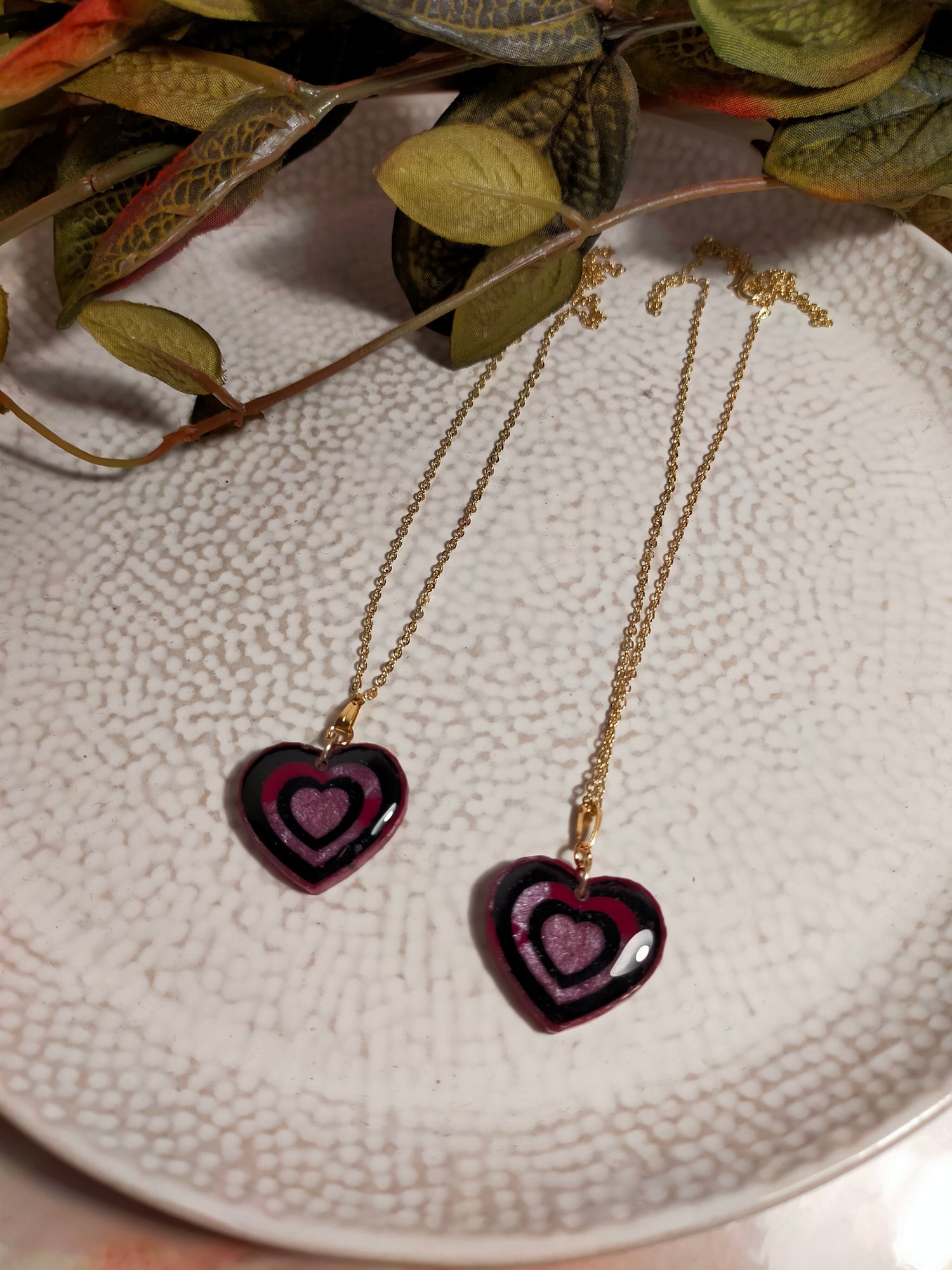 Resin Heart Necklace in Pink with Black detail and Gold Plated Chain