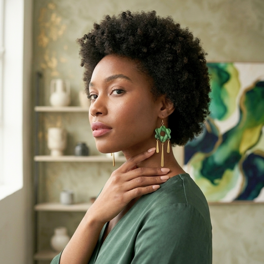 "Janelle" Green Leaf Pattern Flower Dangle with Brass Rounded Teardrop Charm