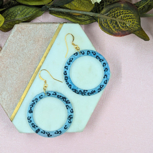 "Janna" Blue Animal Print Hoop Dangle Earrings