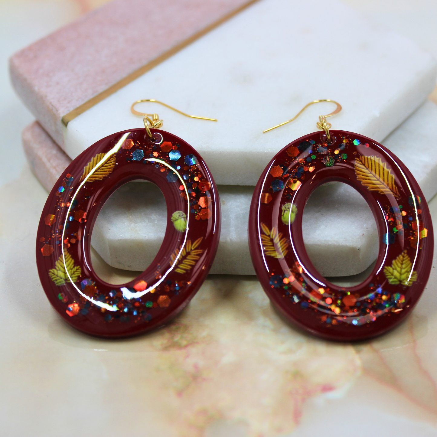 "Jorah" Autumn Leaves Mulberry Wine Dangle Resin Earrings