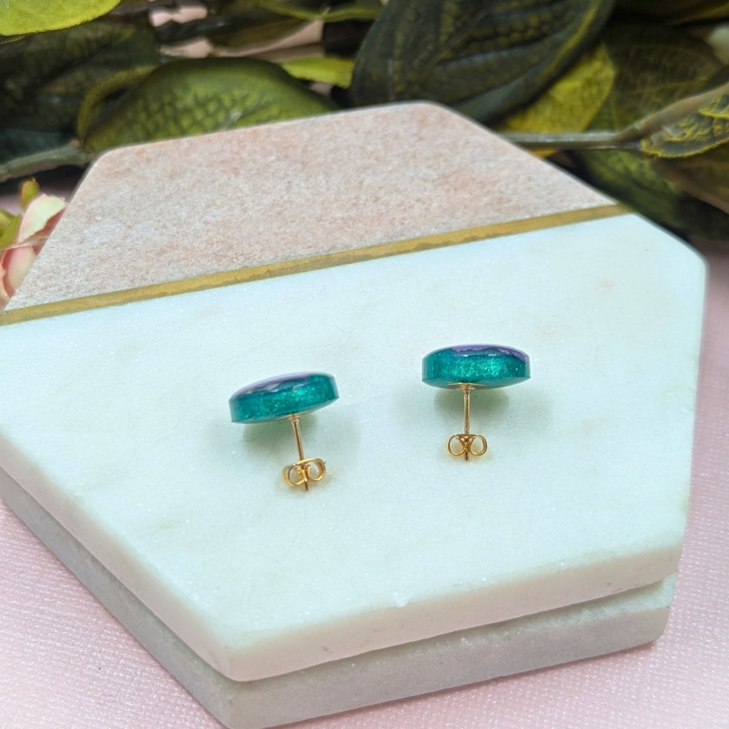 "Kristen" Real Flowers Purple Petal on Aqua background Resin Stud Earrings