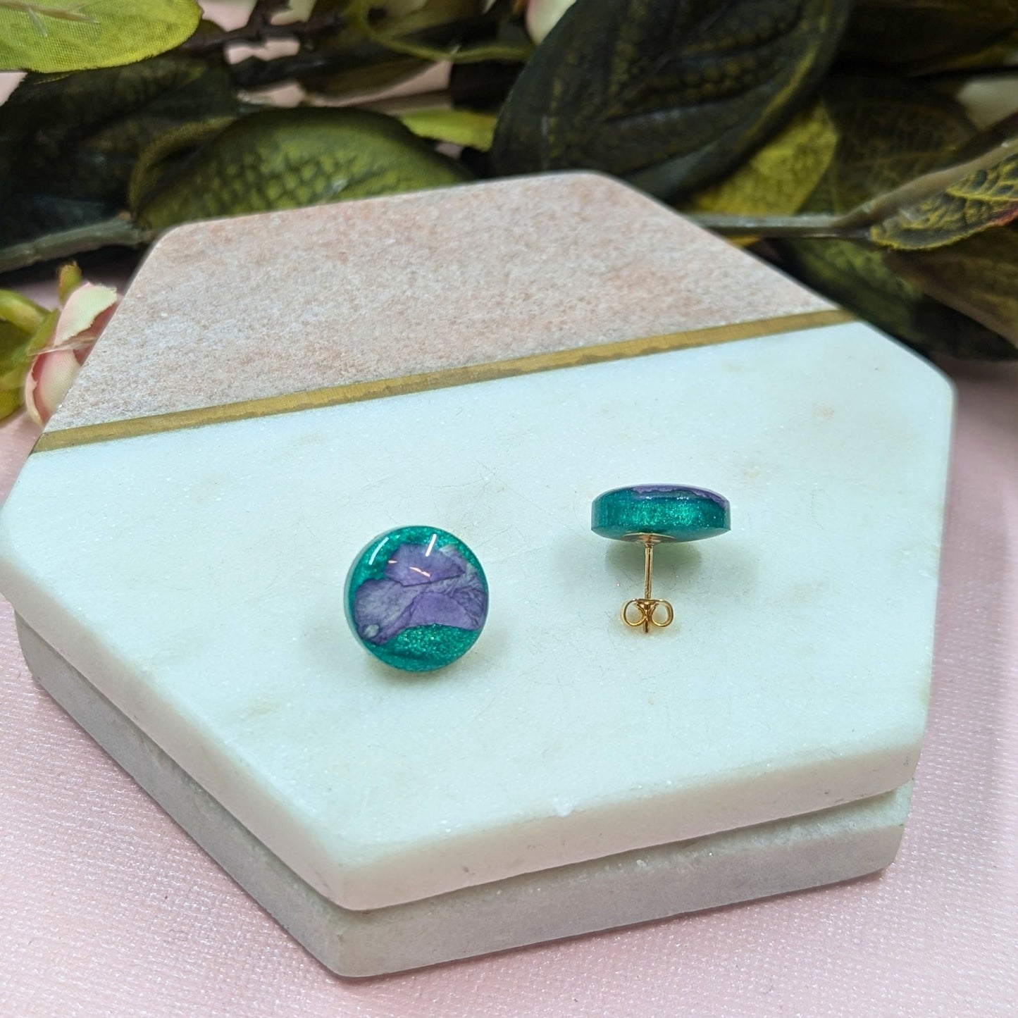 "Kristen" Real Flowers Purple Petal on Aqua background Resin Stud Earrings