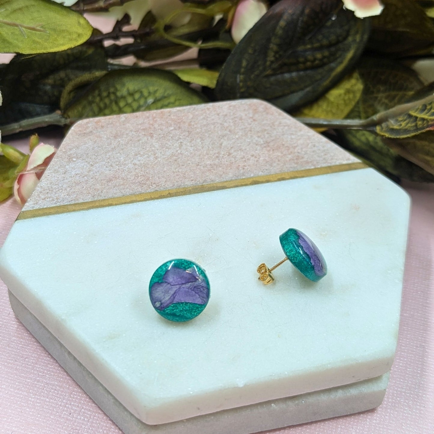 "Kristen" Real Flowers Purple Petal on Aqua background Resin Stud Earrings