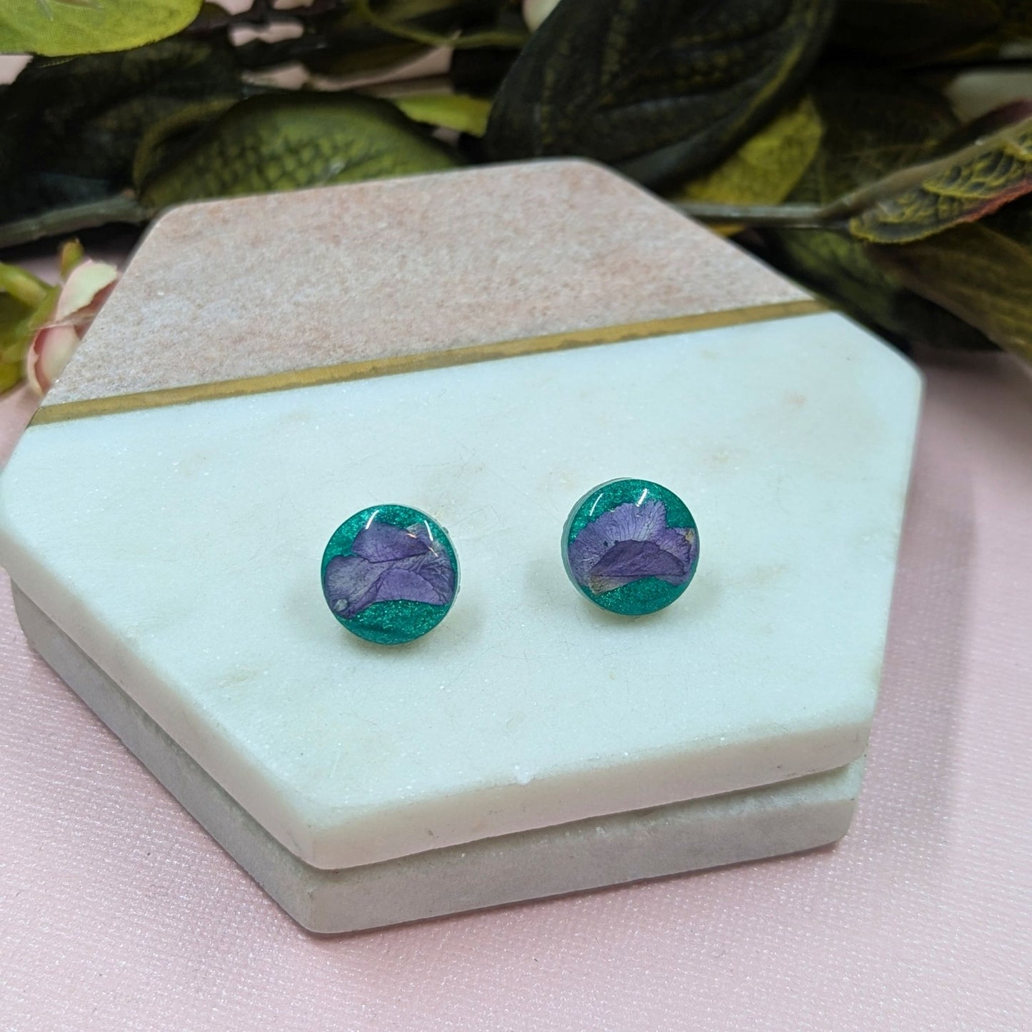"Kristen" Real Flowers Purple Petal on Aqua background Resin Stud Earrings