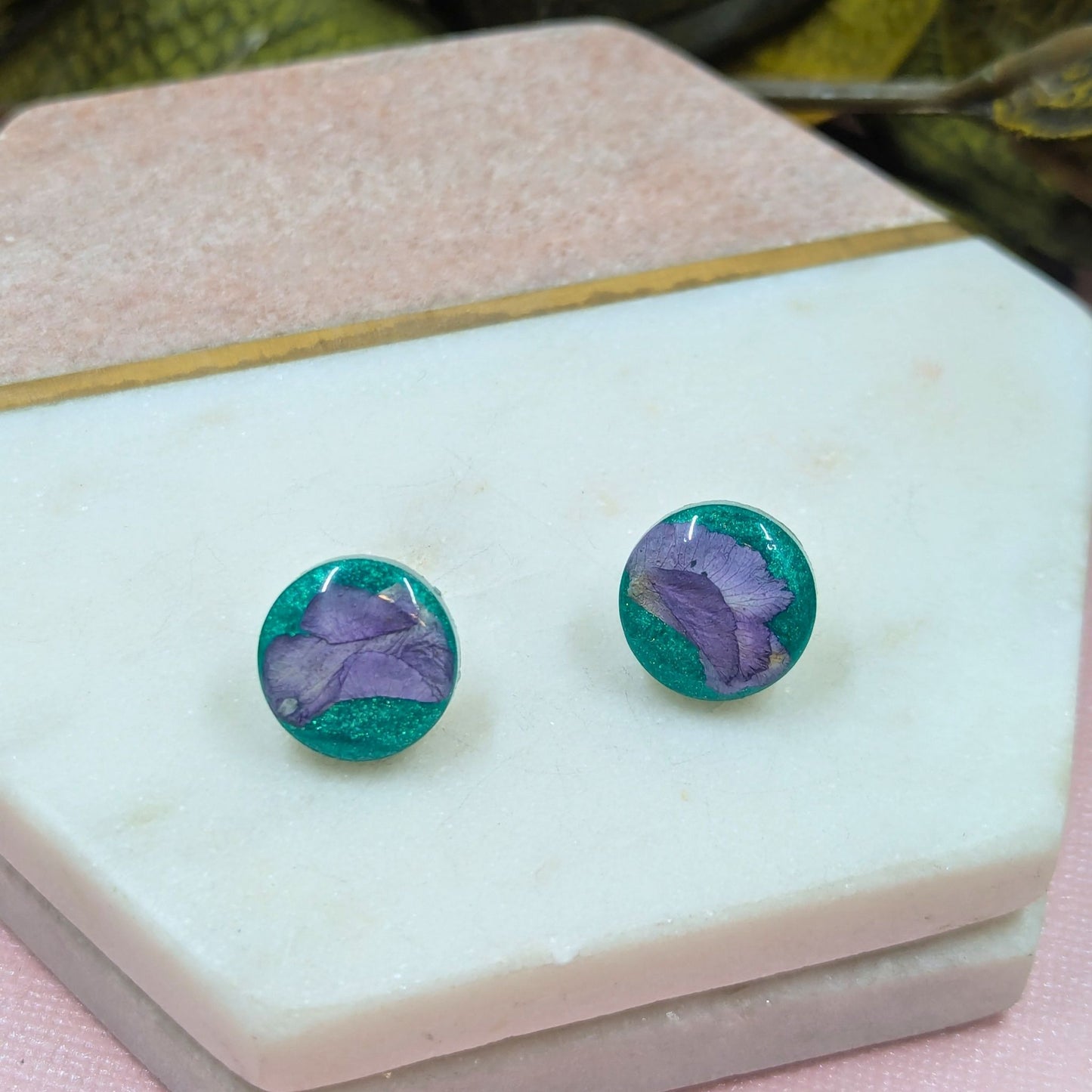 "Kristen" Real Flowers Purple Petal on Aqua background Resin Stud Earrings