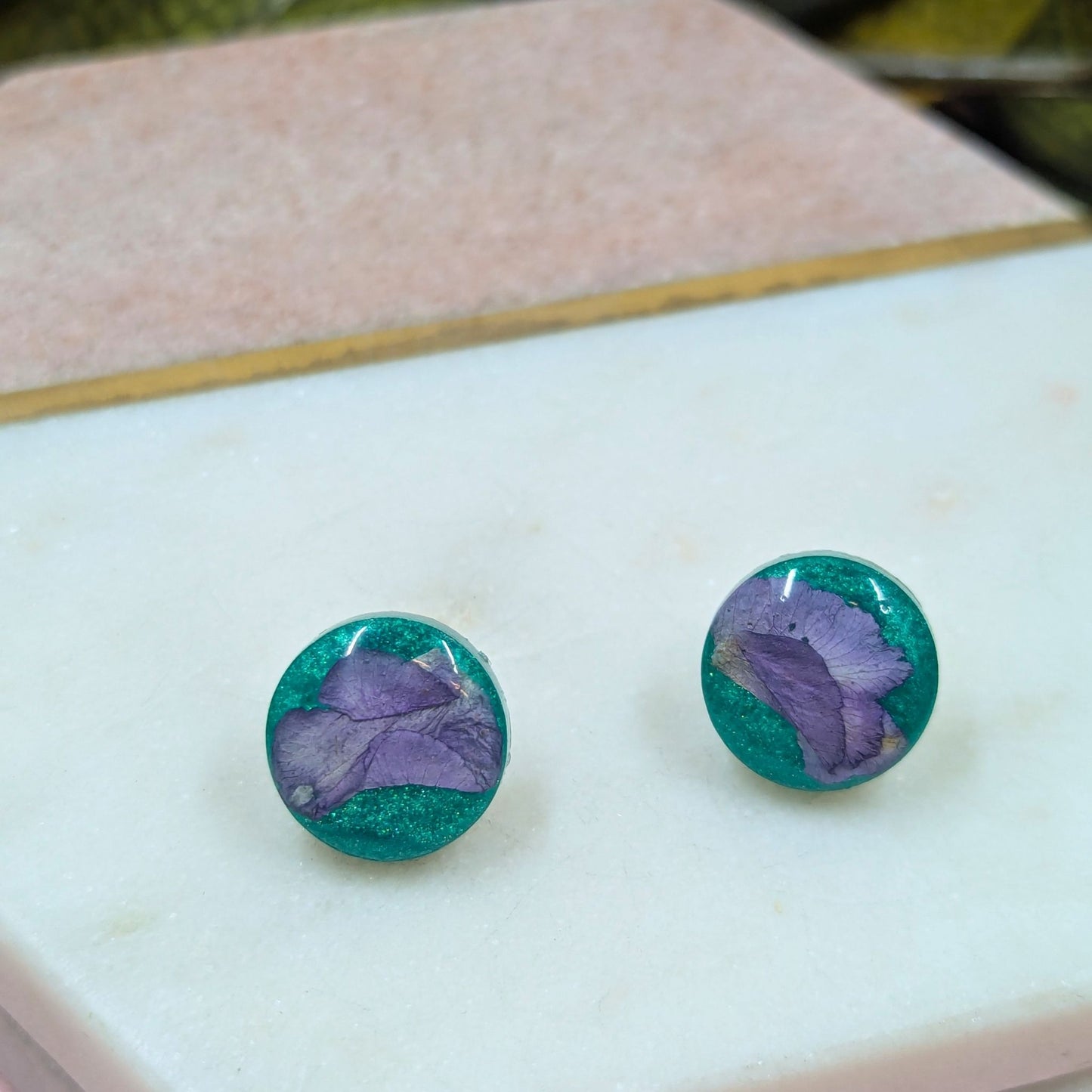 "Kristen" Real Flowers Purple Petal on Aqua background Resin Stud Earrings