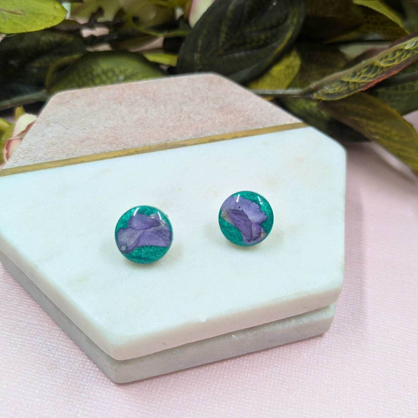 "Kristen" Real Flowers Purple Petal on Aqua background Resin Stud Earrings