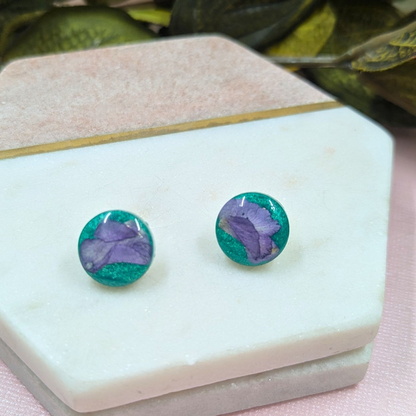 "Kristen" Real Flowers Purple Petal on Aqua background Resin Stud Earrings