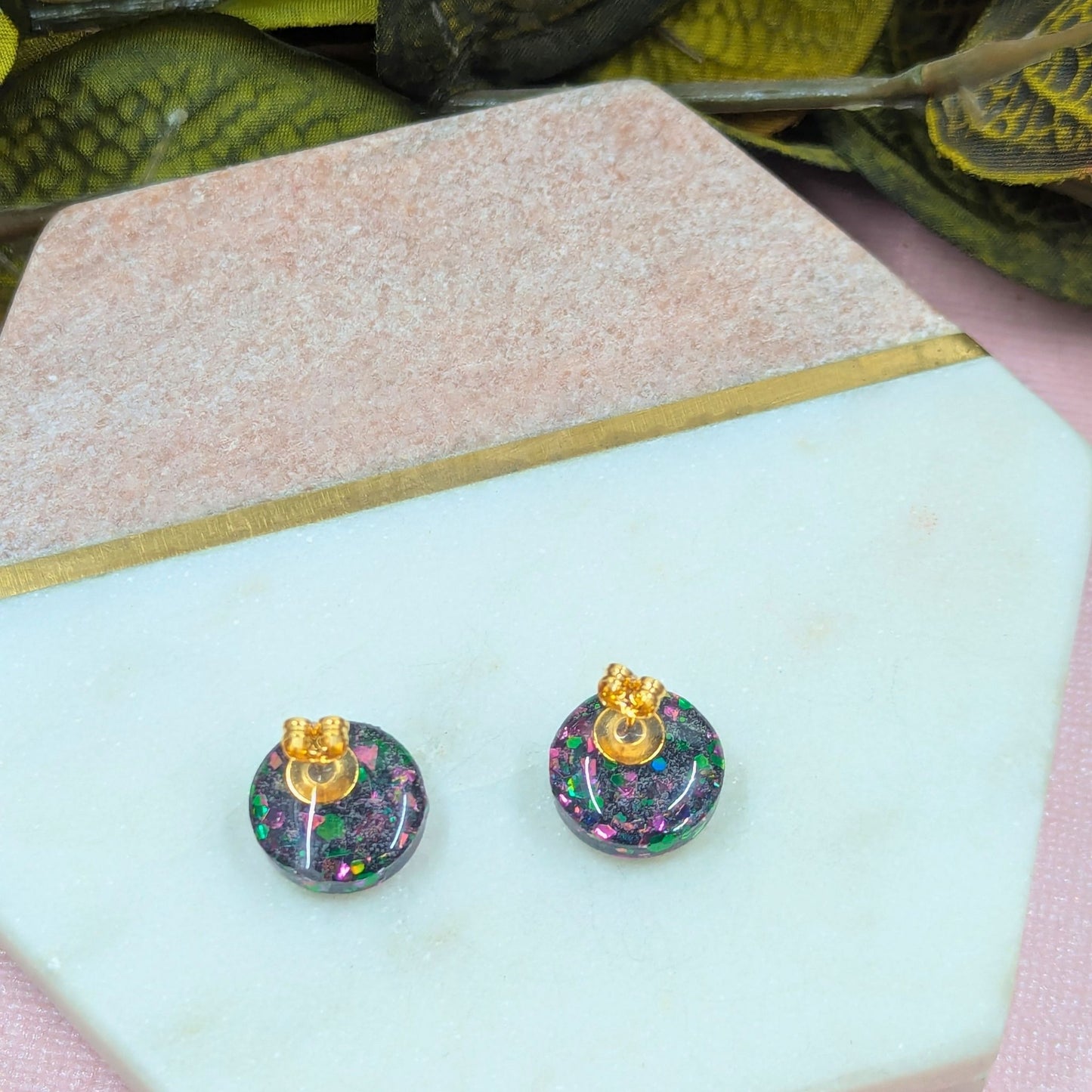 "Kristen" Ruby Green Glitter Resin Stud Earrings