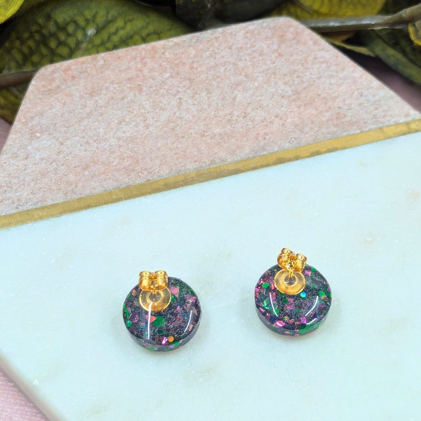 "Kristen" Ruby Green Glitter Resin Stud Earrings
