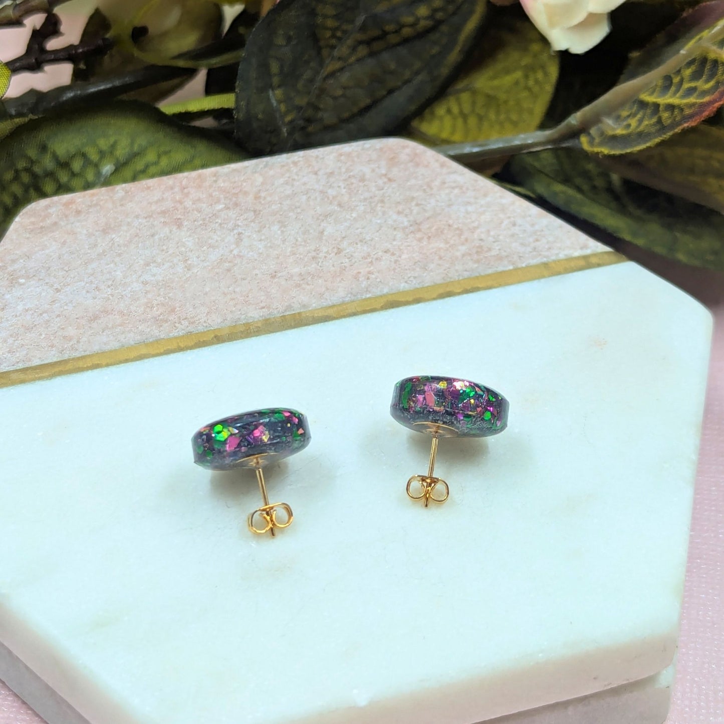 "Kristen" Ruby Green Glitter Resin Stud Earrings