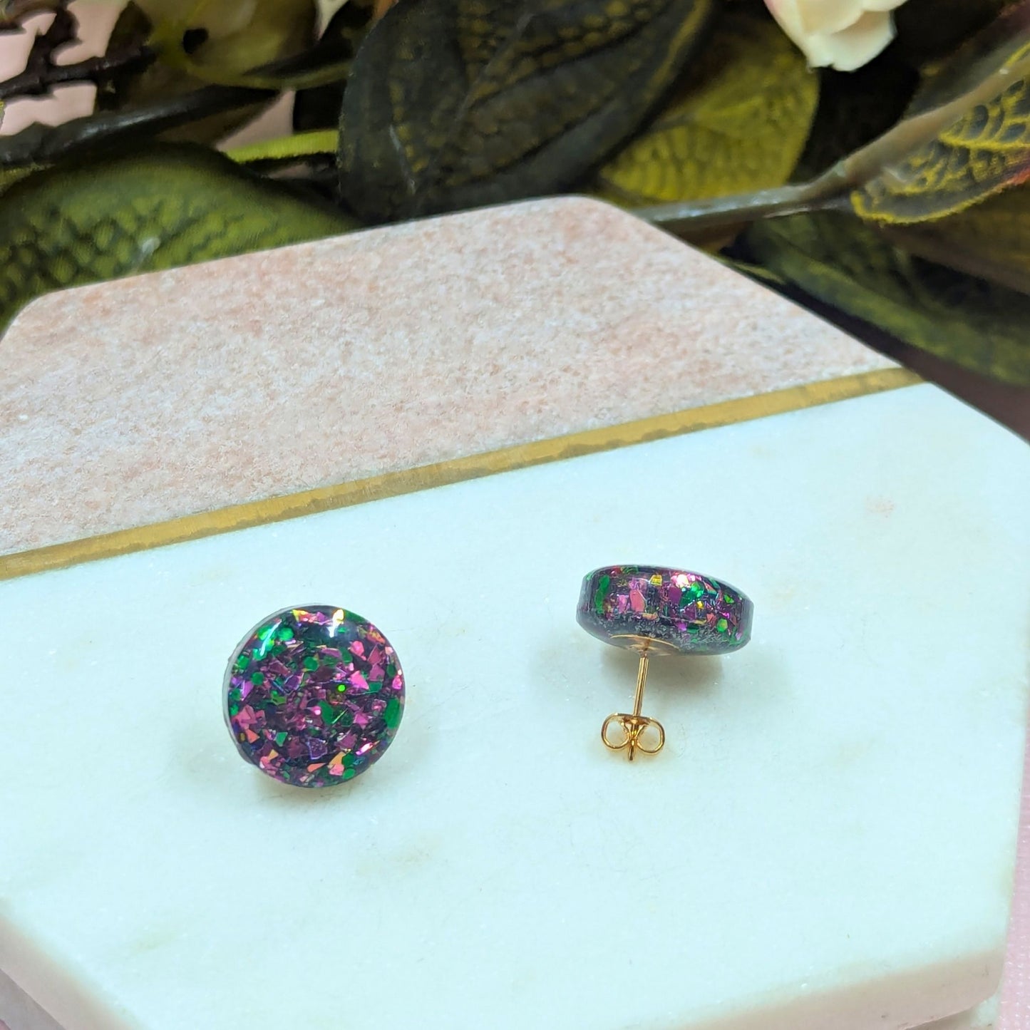 "Kristen" Ruby Green Glitter Resin Stud Earrings