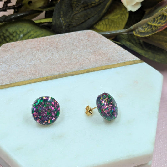 "Kristen" Ruby Green Glitter Resin Stud Earrings