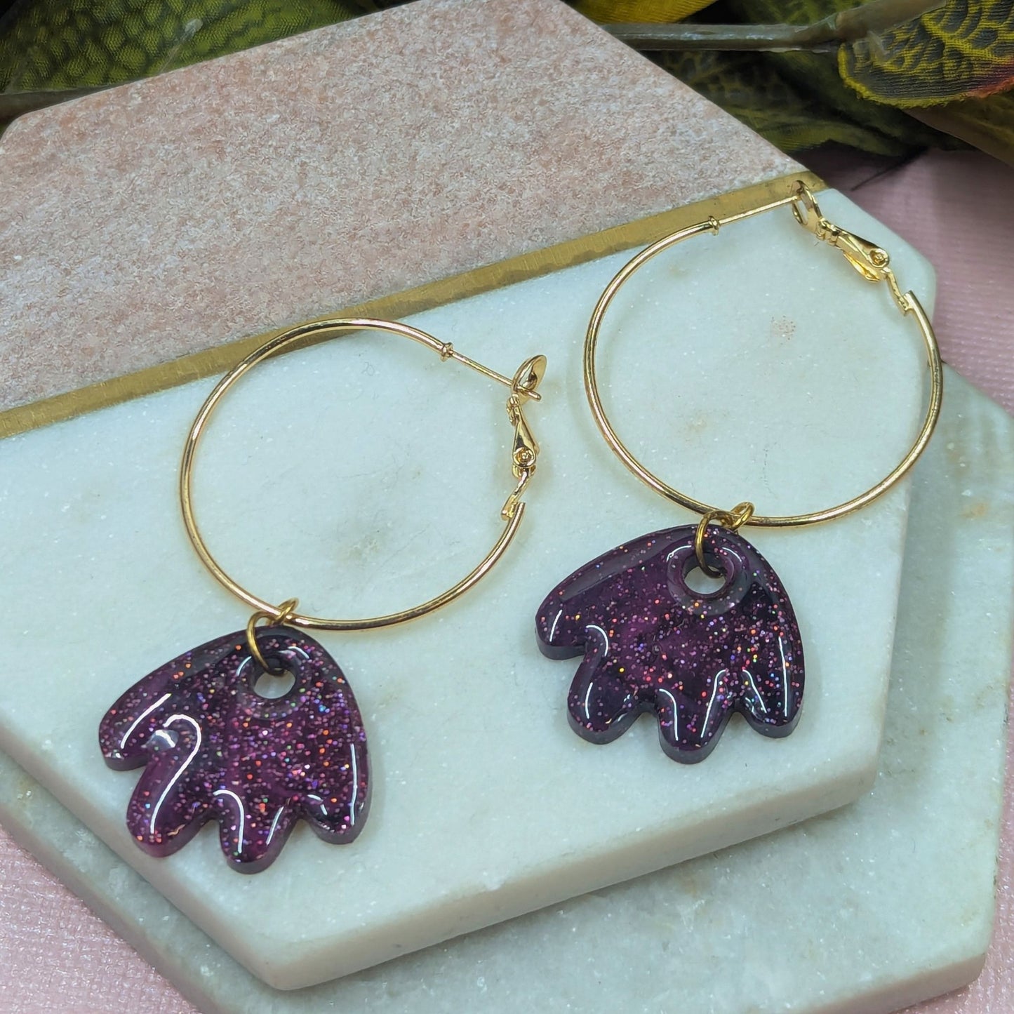 "Larissa" Black Pink Glitter Petal Resin Dangle Hoop Earrings