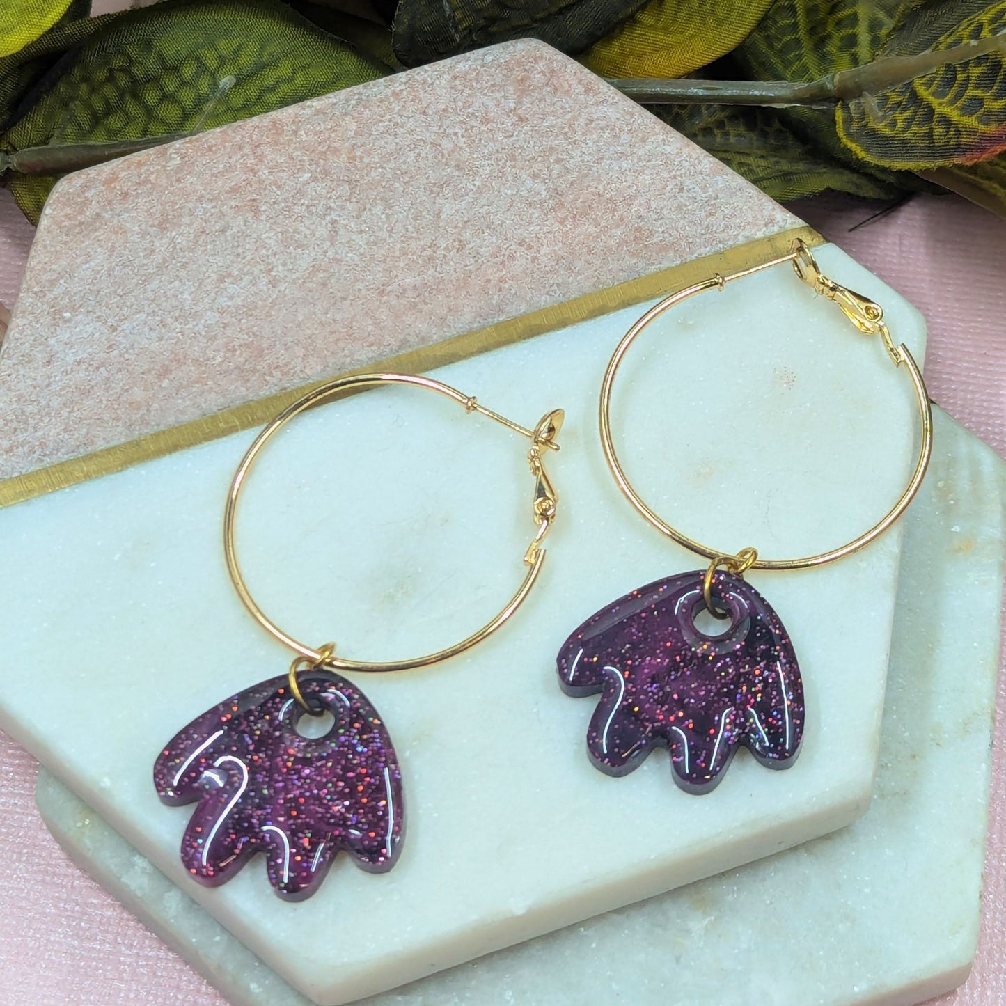 "Larissa" Black Pink Glitter Petal Resin Dangle Hoop Earrings
