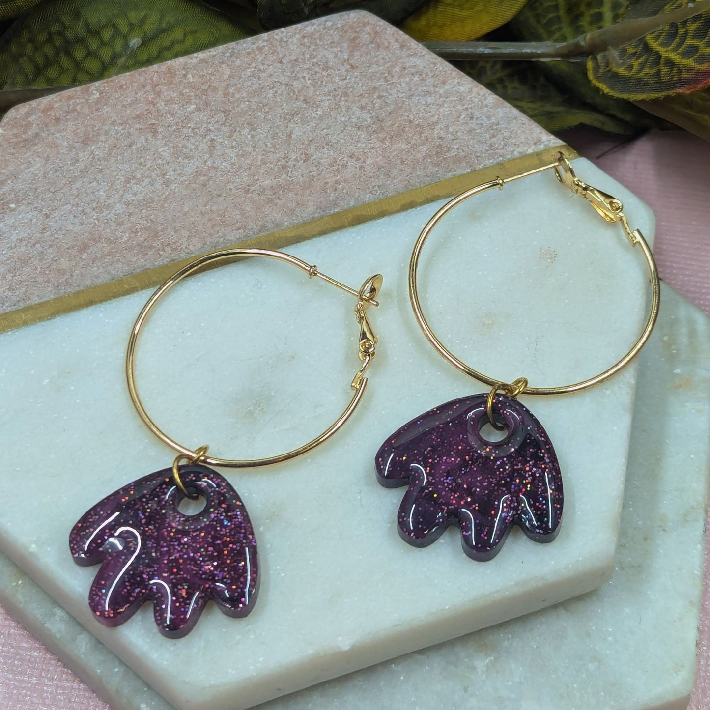 "Larissa" Black Pink Glitter Petal Resin Dangle Hoop Earrings