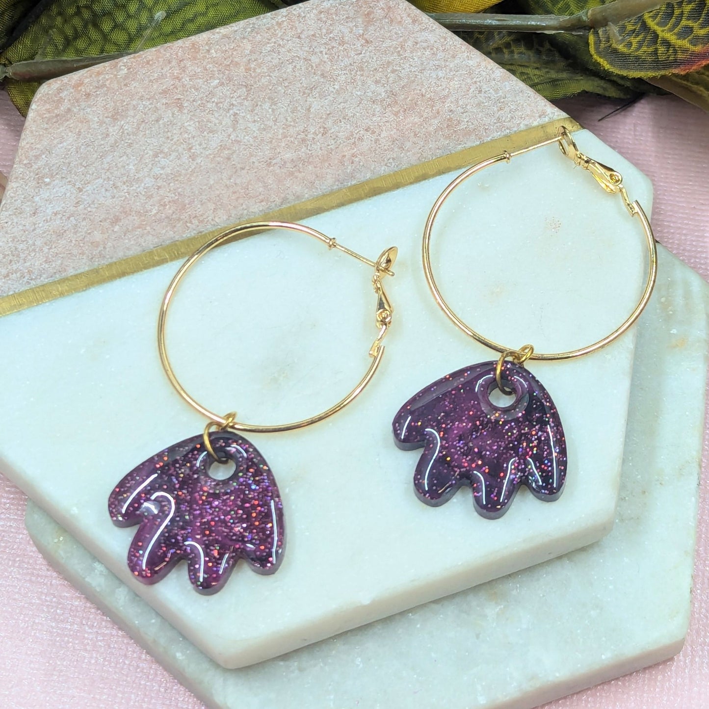 "Larissa" Black Pink Glitter Petal Resin Dangle Hoop Earrings