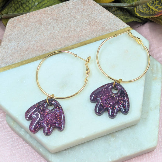 "Larissa" Black Pink Glitter Petal Resin Dangle Hoop Earrings
