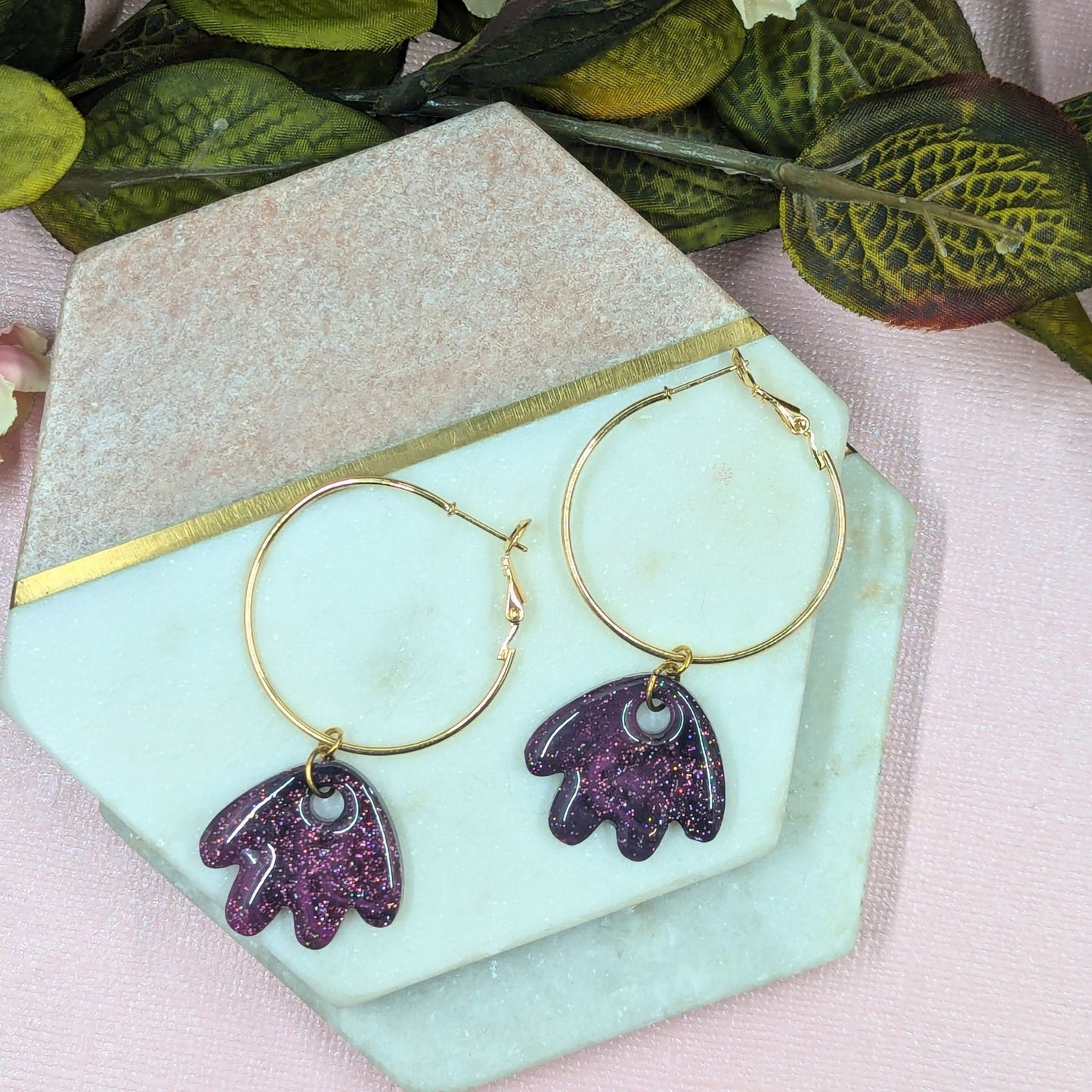 "Larissa" Black Pink Glitter Petal Resin Dangle Hoop Earrings