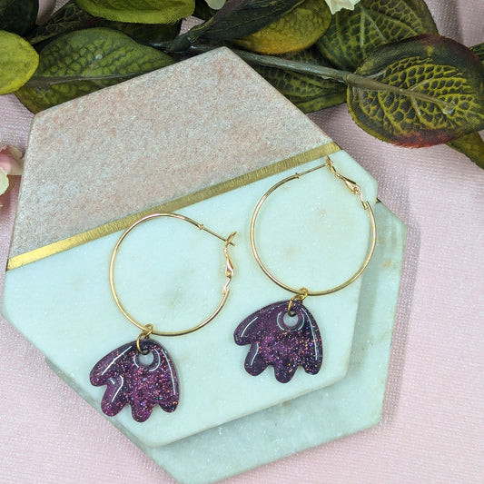 "Larissa" Black Pink Glitter Petal Resin Dangle Hoop Earrings