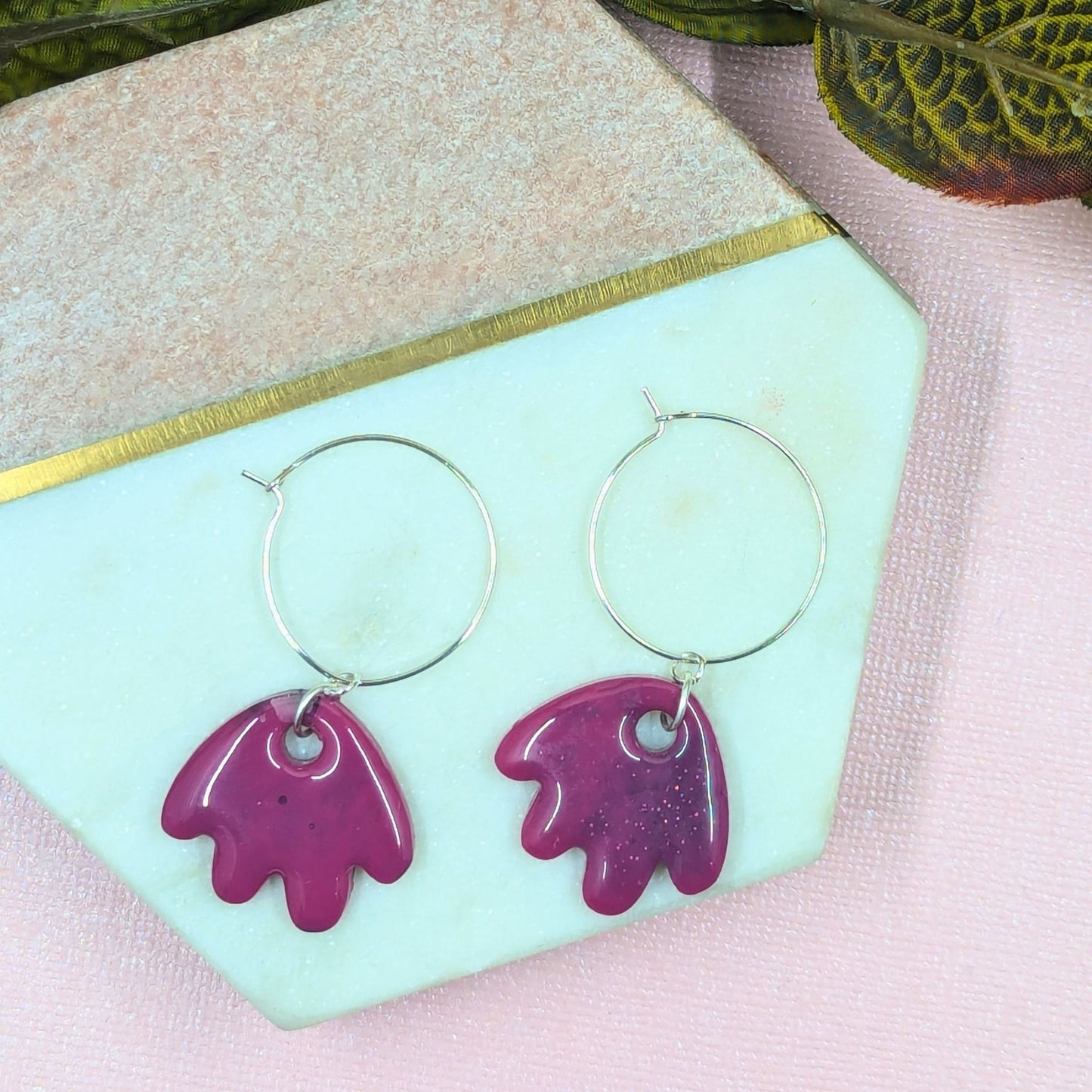 "Larissa" Pink Black Glitter Petal Resin Dangle Hoop Earrings