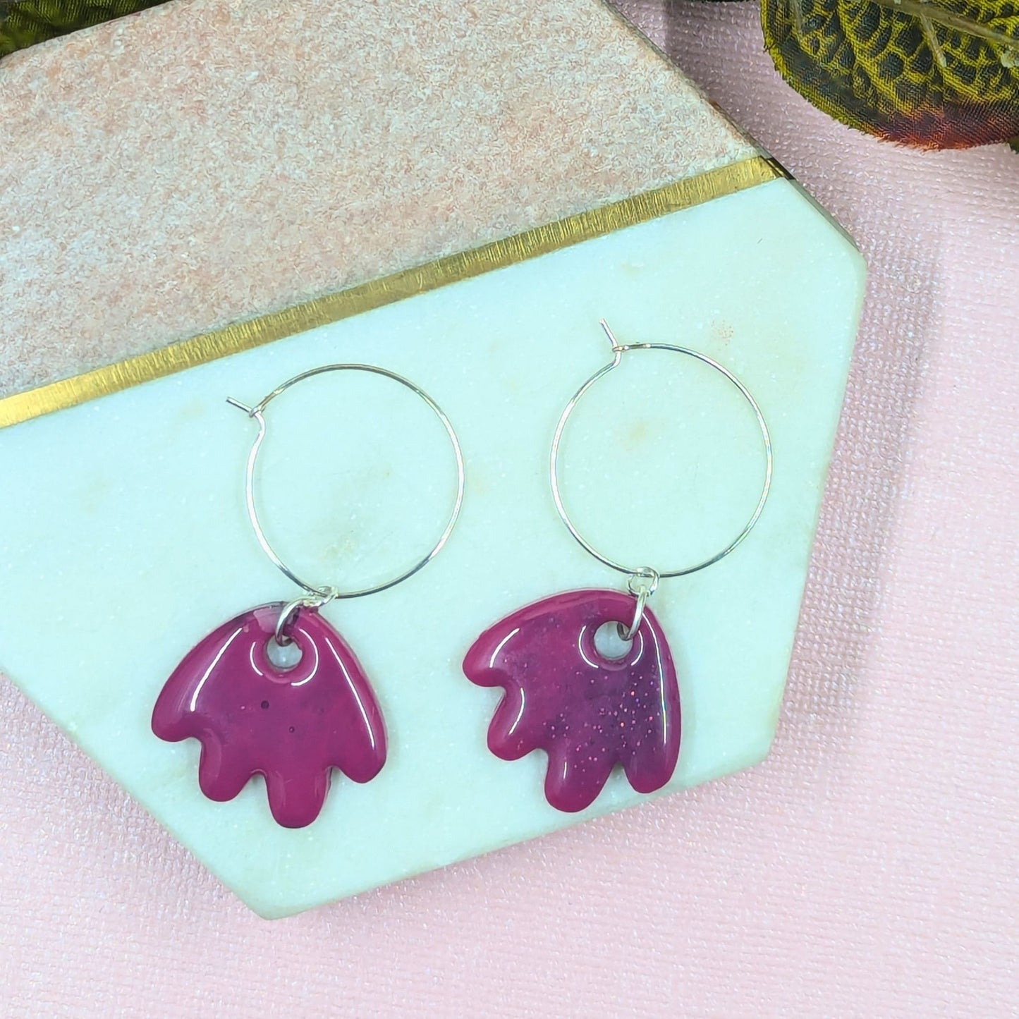 "Larissa" Pink Black Glitter Petal Resin Dangle Hoop Earrings
