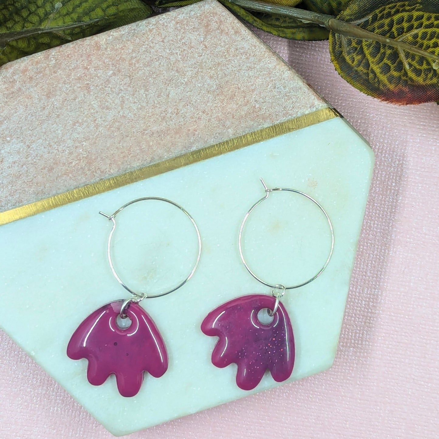 "Larissa" Pink Black Glitter Petal Resin Dangle Hoop Earrings