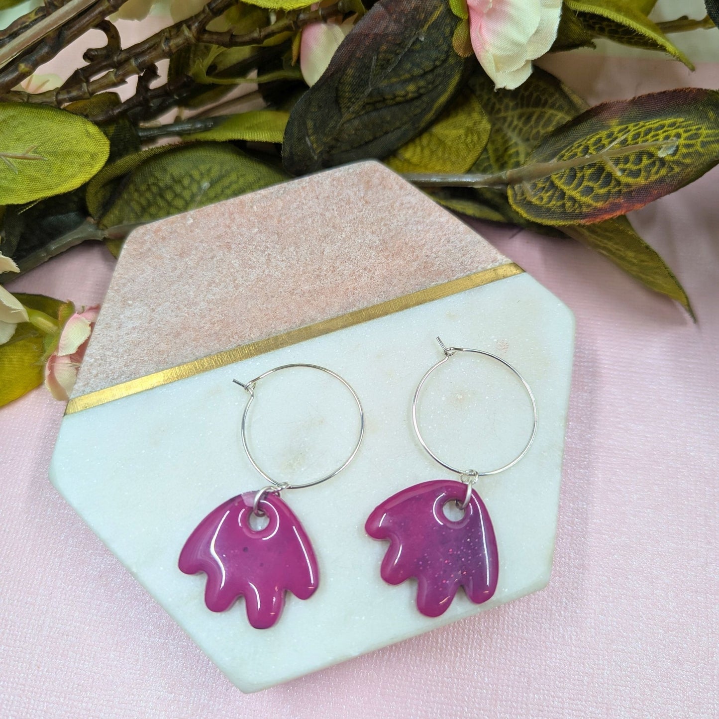 "Larissa" Pink Black Glitter Petal Resin Dangle Hoop Earrings