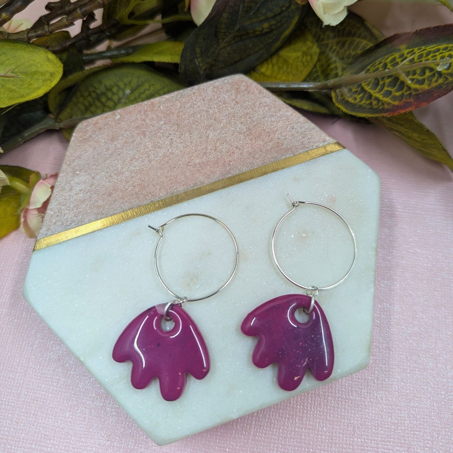 "Larissa" Pink Black Glitter Petal Resin Dangle Hoop Earrings
