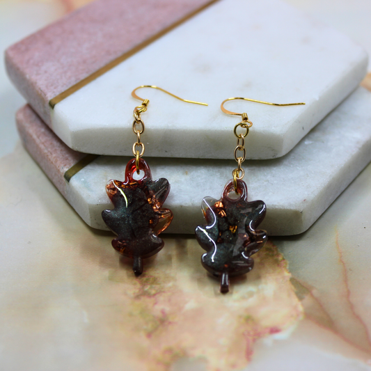 "Maple" Autumn Leaf Glitter Alcohol Ink Resin Chain Drop Dangle Earrings