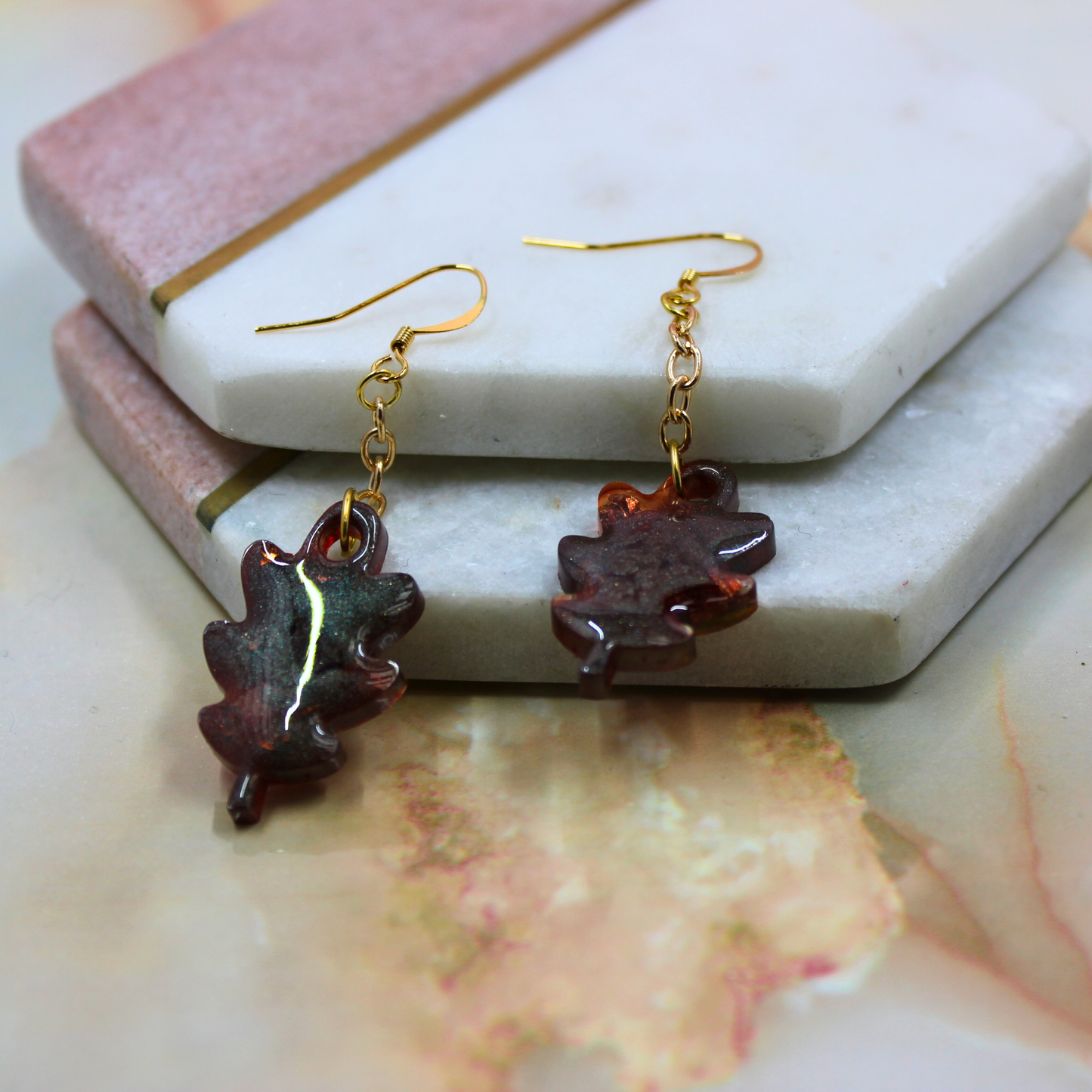 "Maple" Autumn Leaf Glitter Alcohol Ink Resin Chain Drop Dangle Earrings