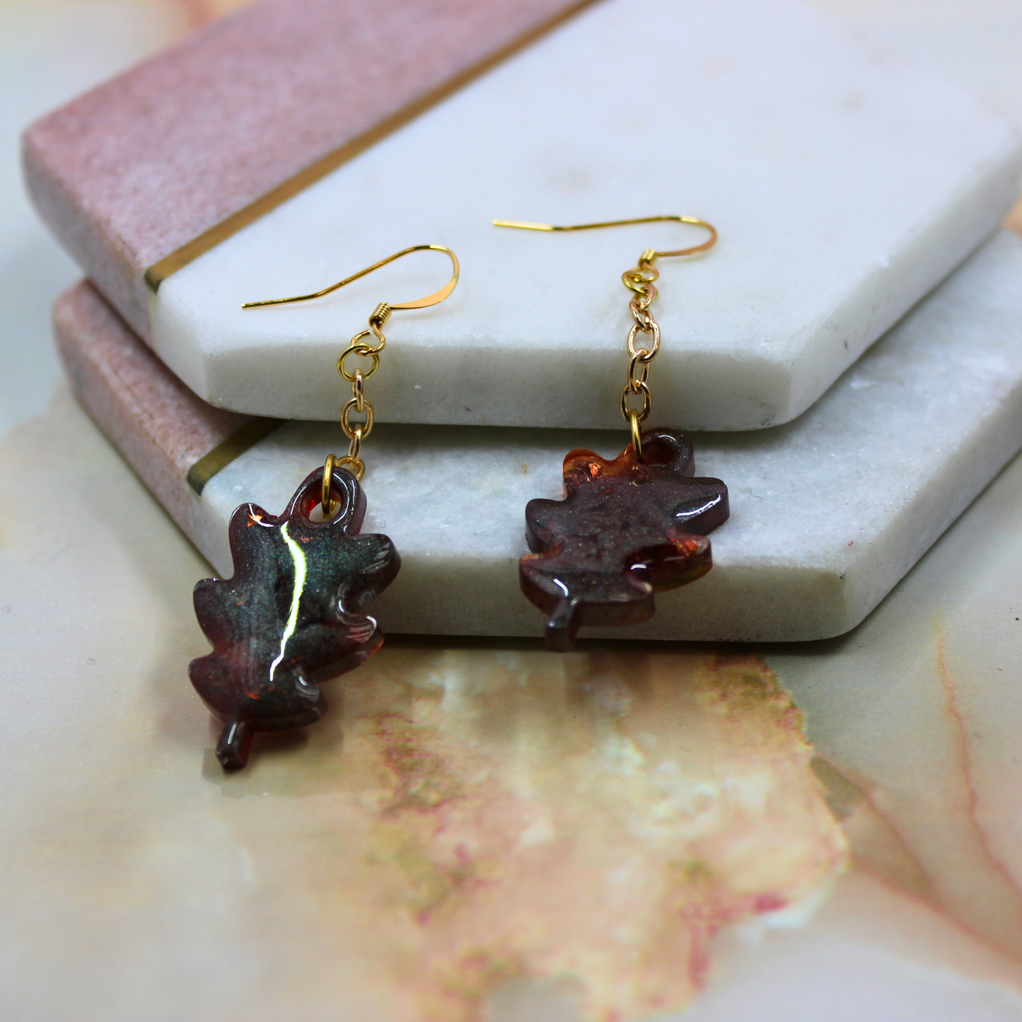 "Maple" Autumn Leaf Glitter Alcohol Ink Resin Chain Drop Dangle Earrings