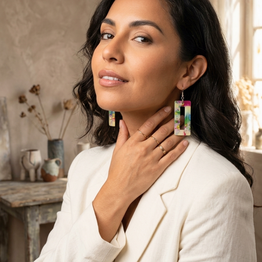 Nora Rainbow Dottie Glitter Rectangle Cut Out Resin Dangle Earrings | Pastel Sparkle by Created By Lau