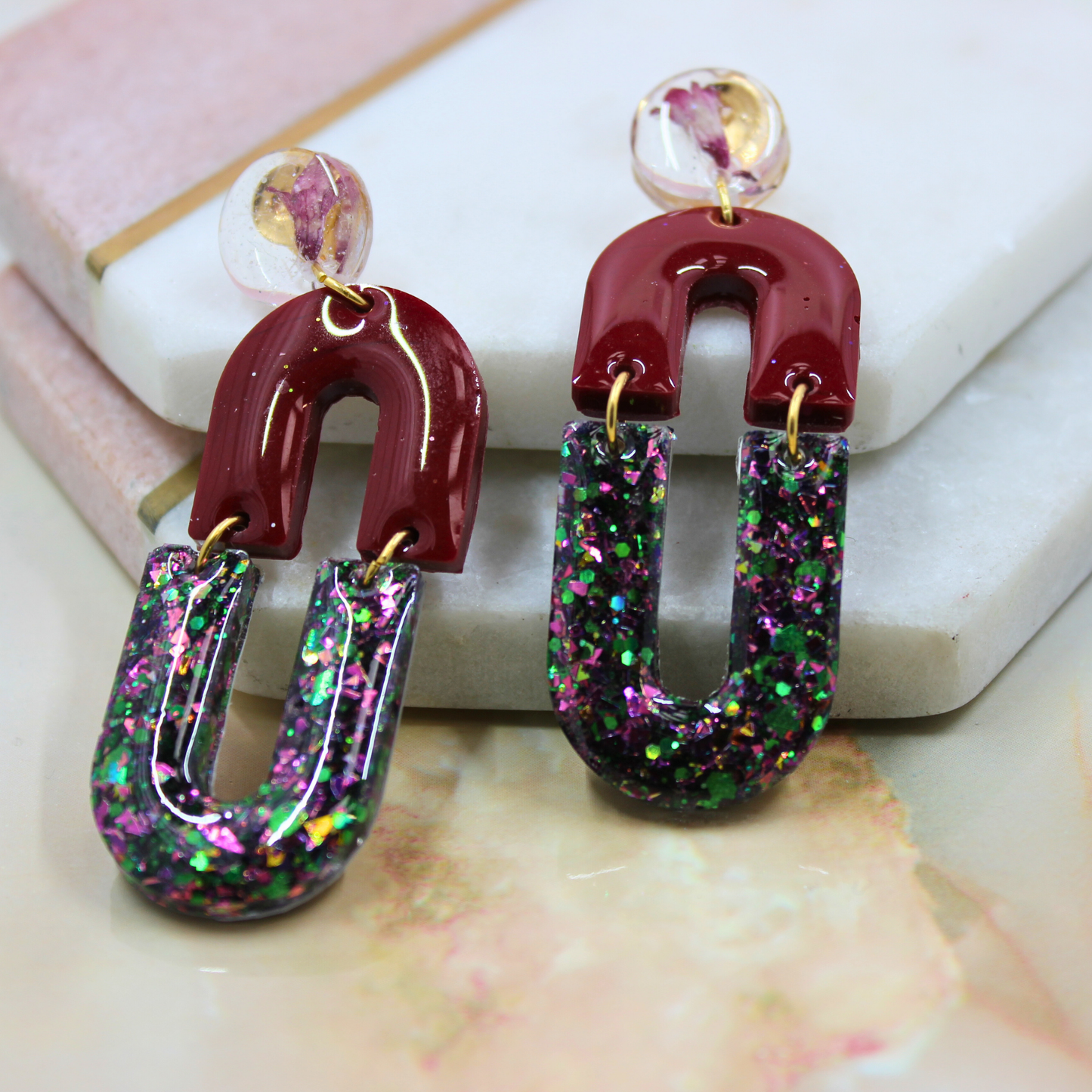 "Radley" Mulberry Wine Glitter Arch Resin Dangle Earrings With Real Flowers