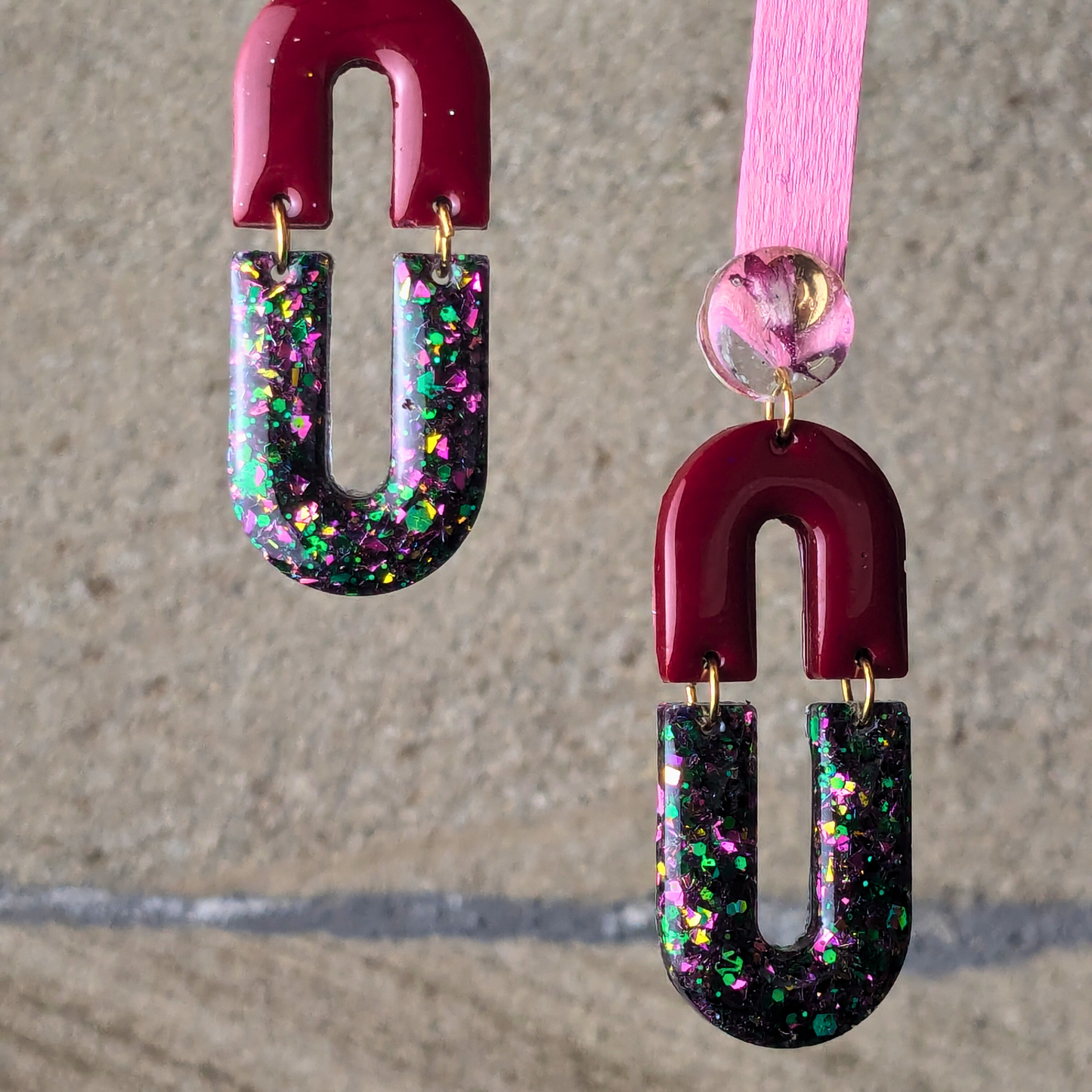 "Radley" Mulberry Wine Glitter Arch Resin Dangle Earrings With Real Flowers