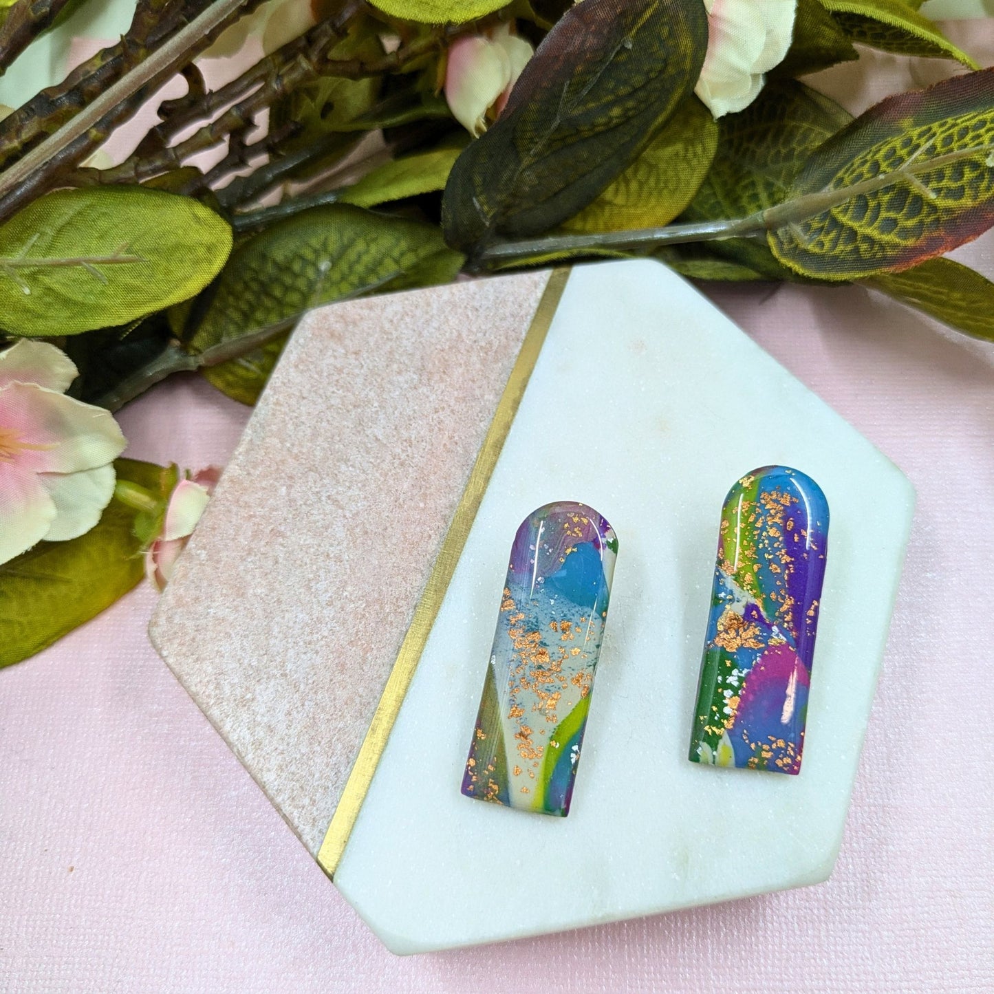 "Reba" Abstract Long Arch Polymer Clay Stud Earrings