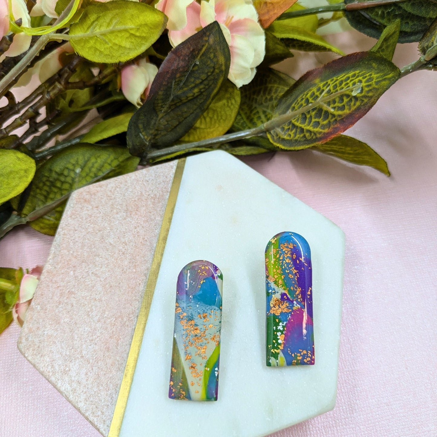 "Reba" Abstract Long Arch Polymer Clay Stud Earrings