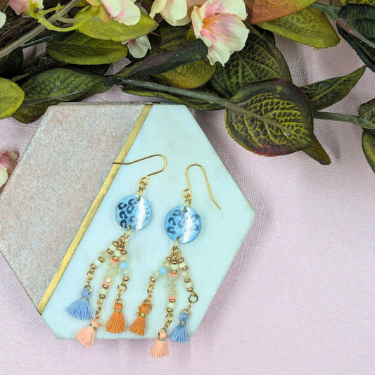 "Tabitha" Blue Animal Print Dangle Earrings with Recycled Beaded Tassel Charm
