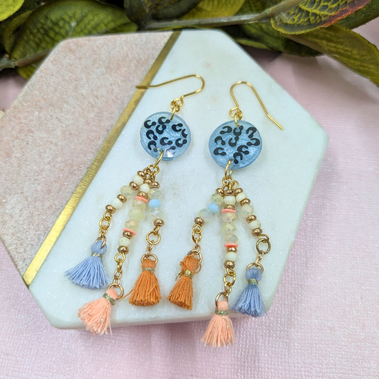"Tabitha" Blue Animal Print Dangle Earrings with Recycled Beaded Tassel Charm