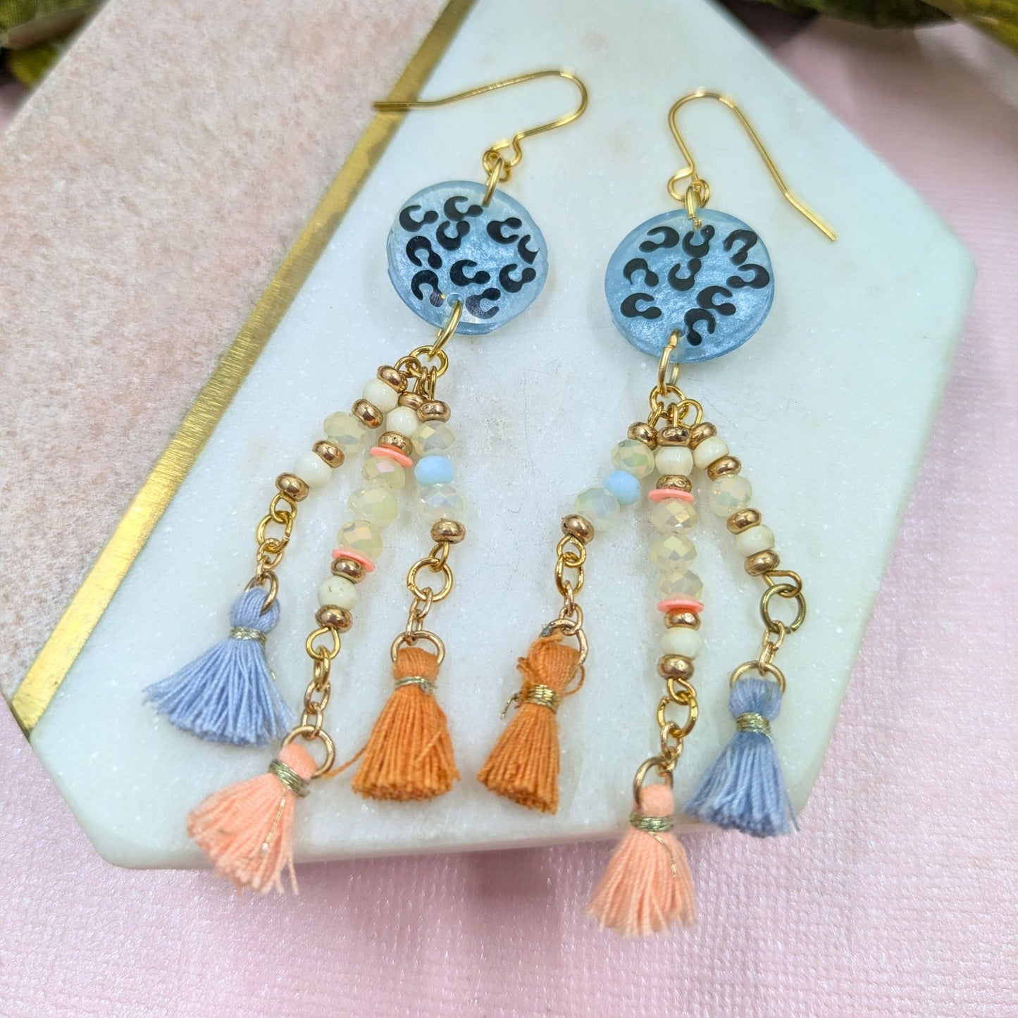 "Tabitha" Blue Animal Print Dangle Earrings with Recycled Beaded Tassel Charm