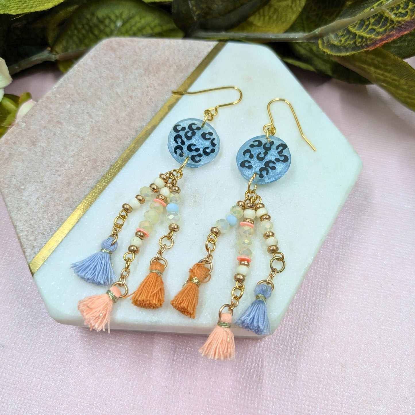 "Tabitha" Blue Animal Print Dangle Earrings with Recycled Beaded Tassel Charm