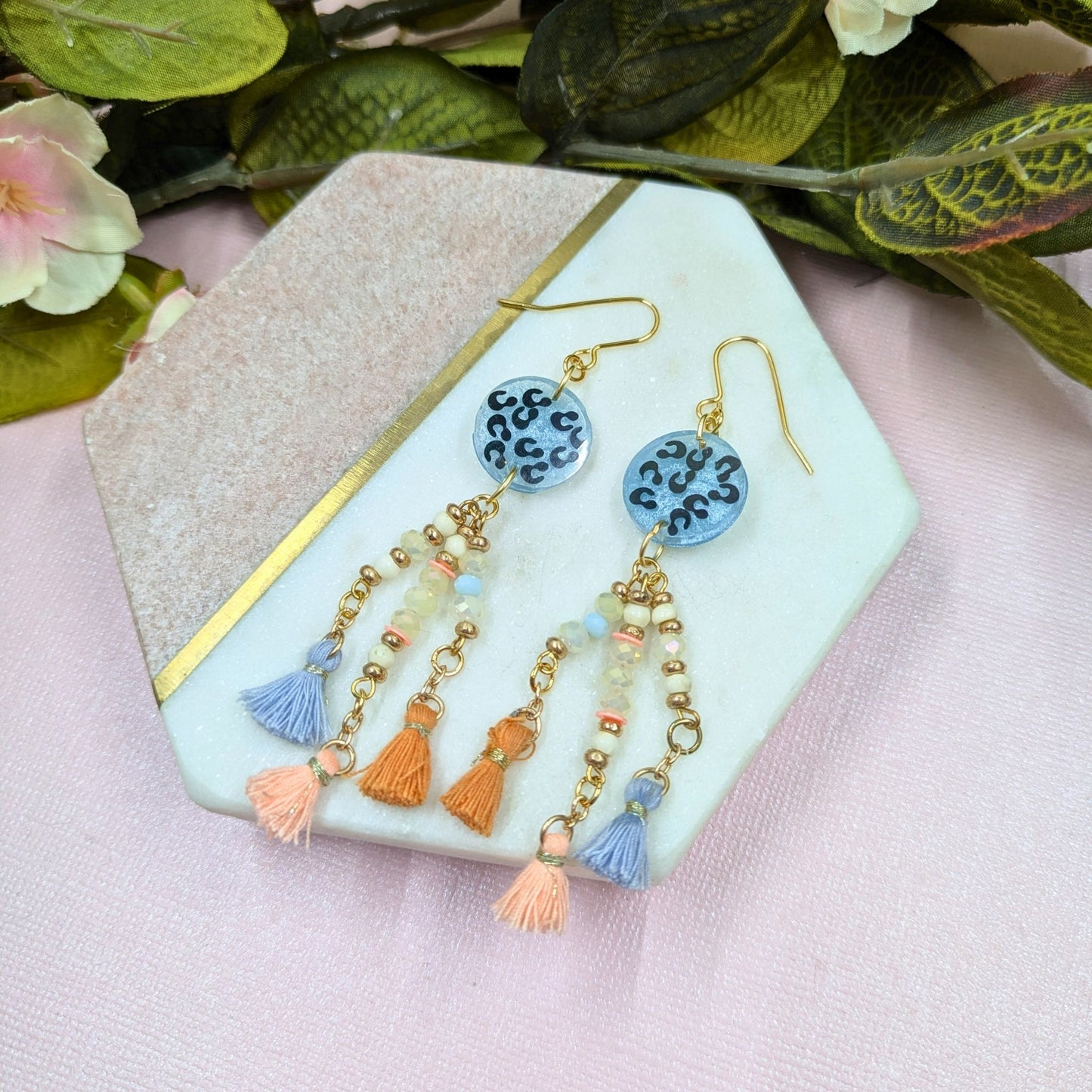 "Tabitha" Blue Animal Print Dangle Earrings with Recycled Beaded Tassel Charm