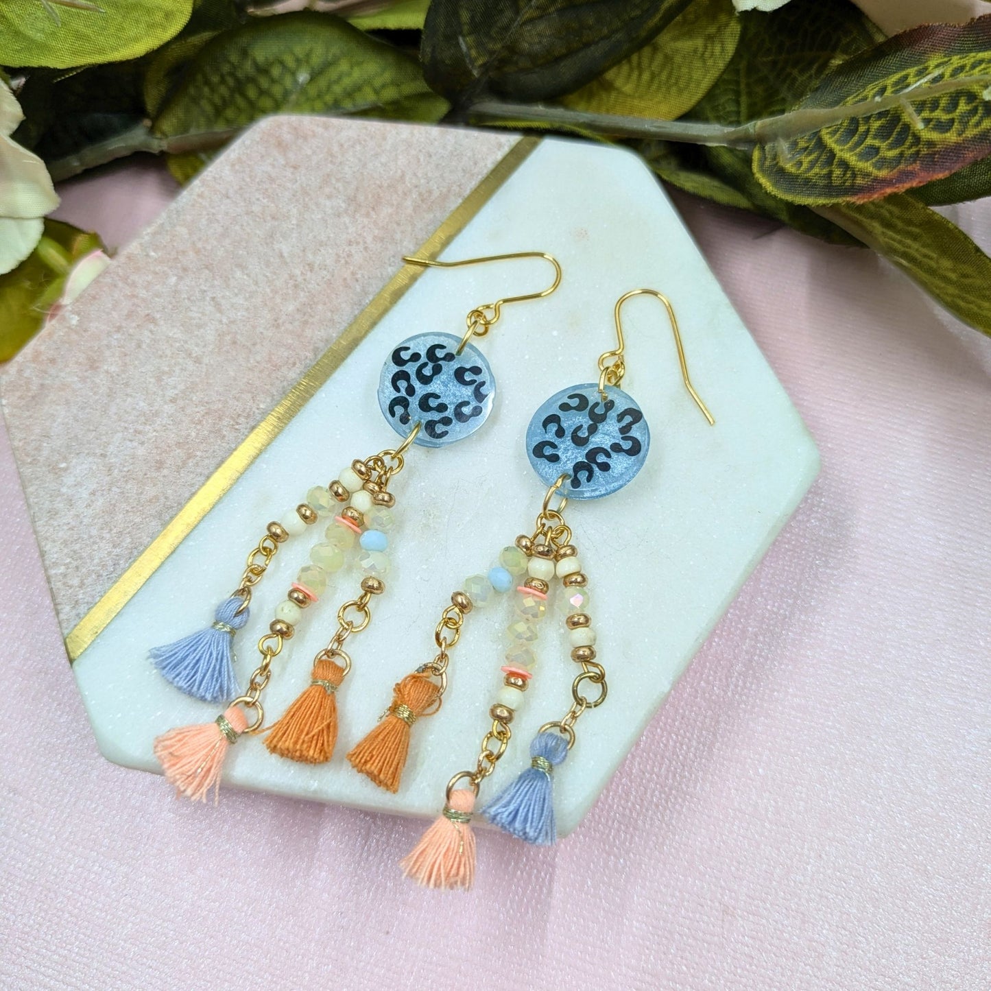 "Tabitha" Blue Animal Print Dangle Earrings with Recycled Beaded Tassel Charm