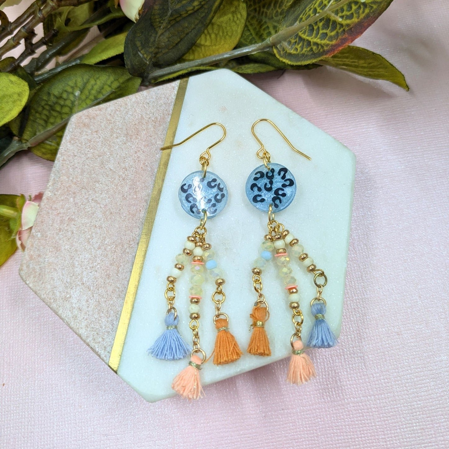 "Tabitha" Blue Animal Print Dangle Earrings with Recycled Beaded Tassel Charm