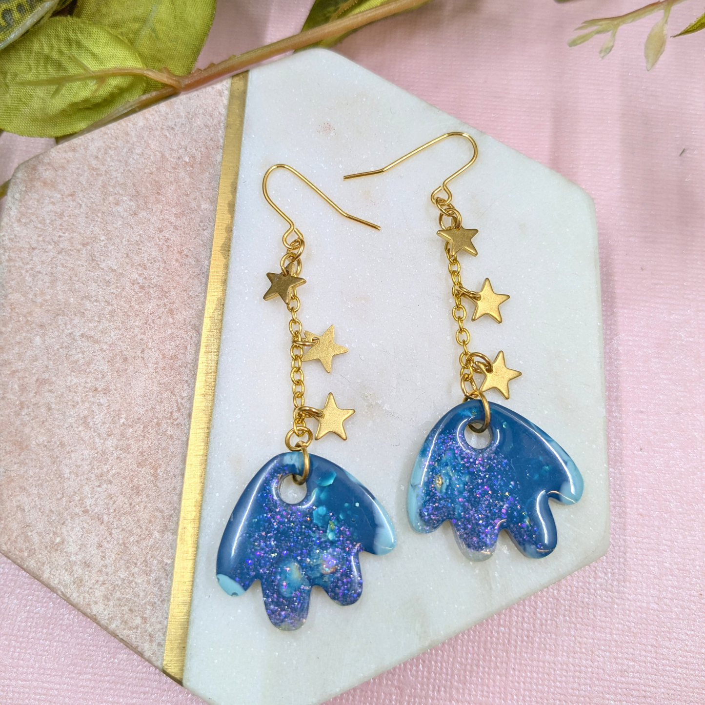 Tami Teal & Gold Resin Petal & Star Chain Dangle Earrings - Brass Charms - Handmade Yorkshire
