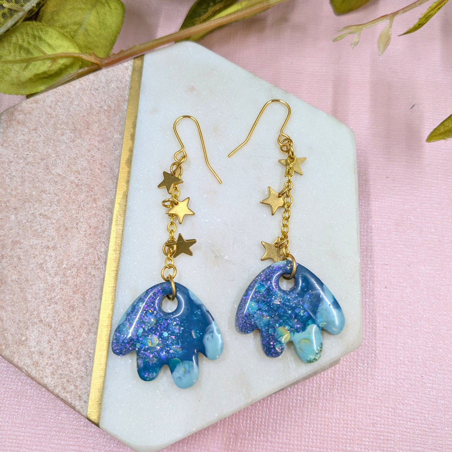Tami Teal & Gold Resin Petal & Star Chain Dangle Earrings - Brass Charms - Handmade Yorkshire